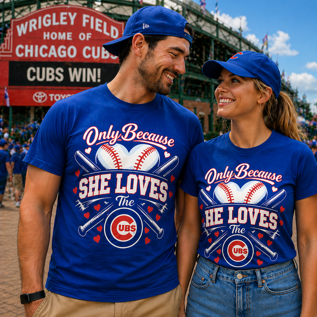 Chicago Cubs Baseball Couples Shirt Set – “Only Because He/She Loves The Cubs” Matching Tees