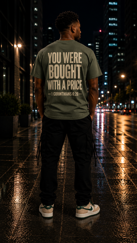 Person wearing sage and cream faith based  t-shirt with text on the back in an urban night setting