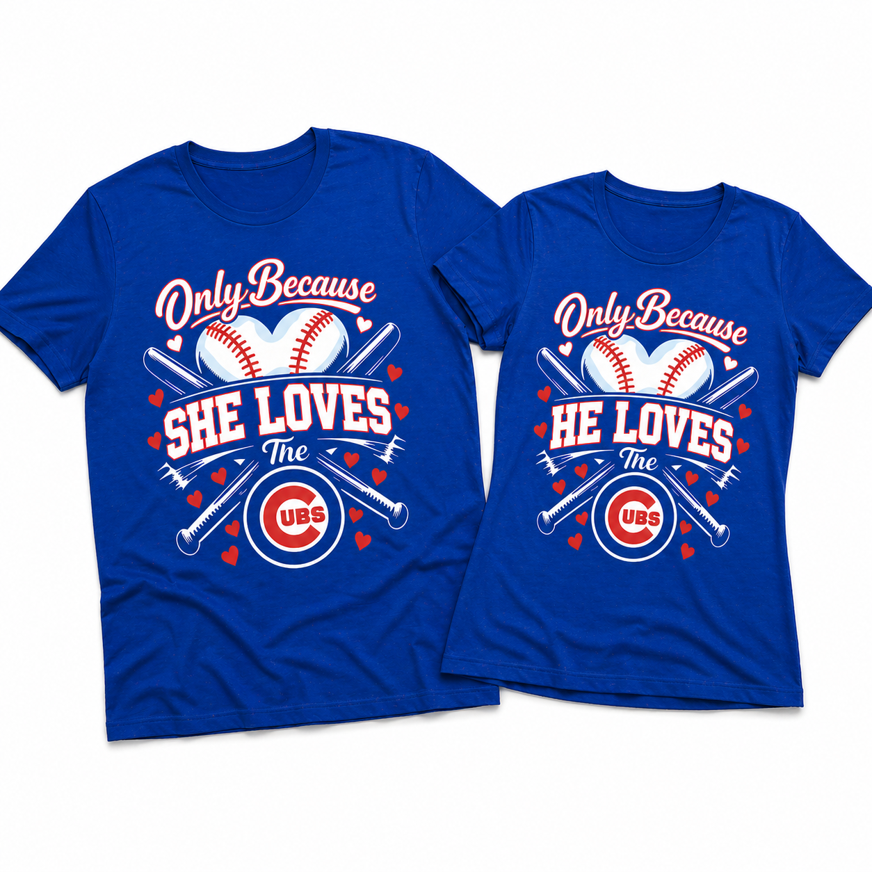 Chicago Cubs Baseball Couples Shirt Set – “Only Because He/She Loves The Cubs” Matching Tees